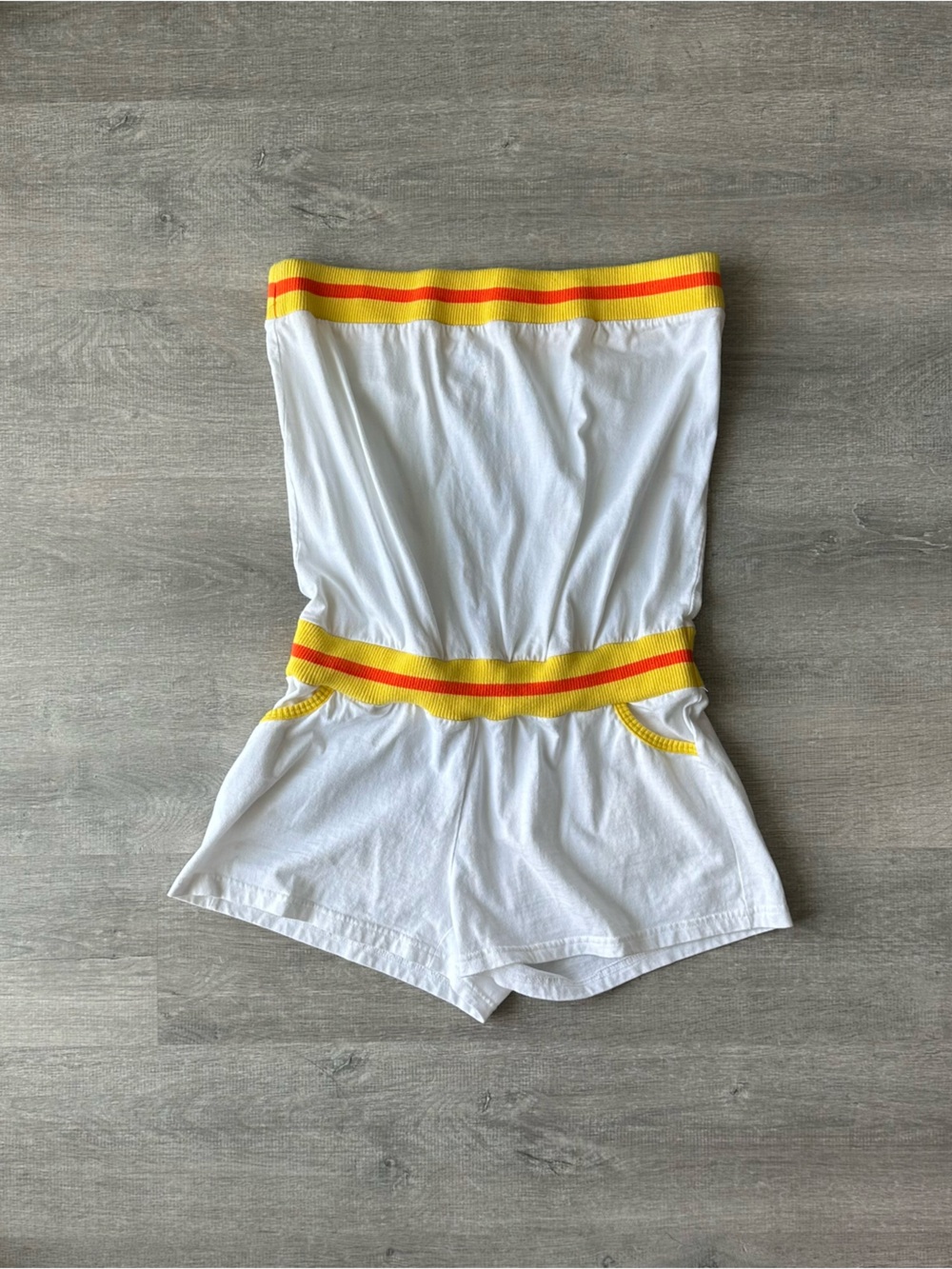 Vintage Sporty MKM Designs White Strapless Romper with Yellow & Orange Trim